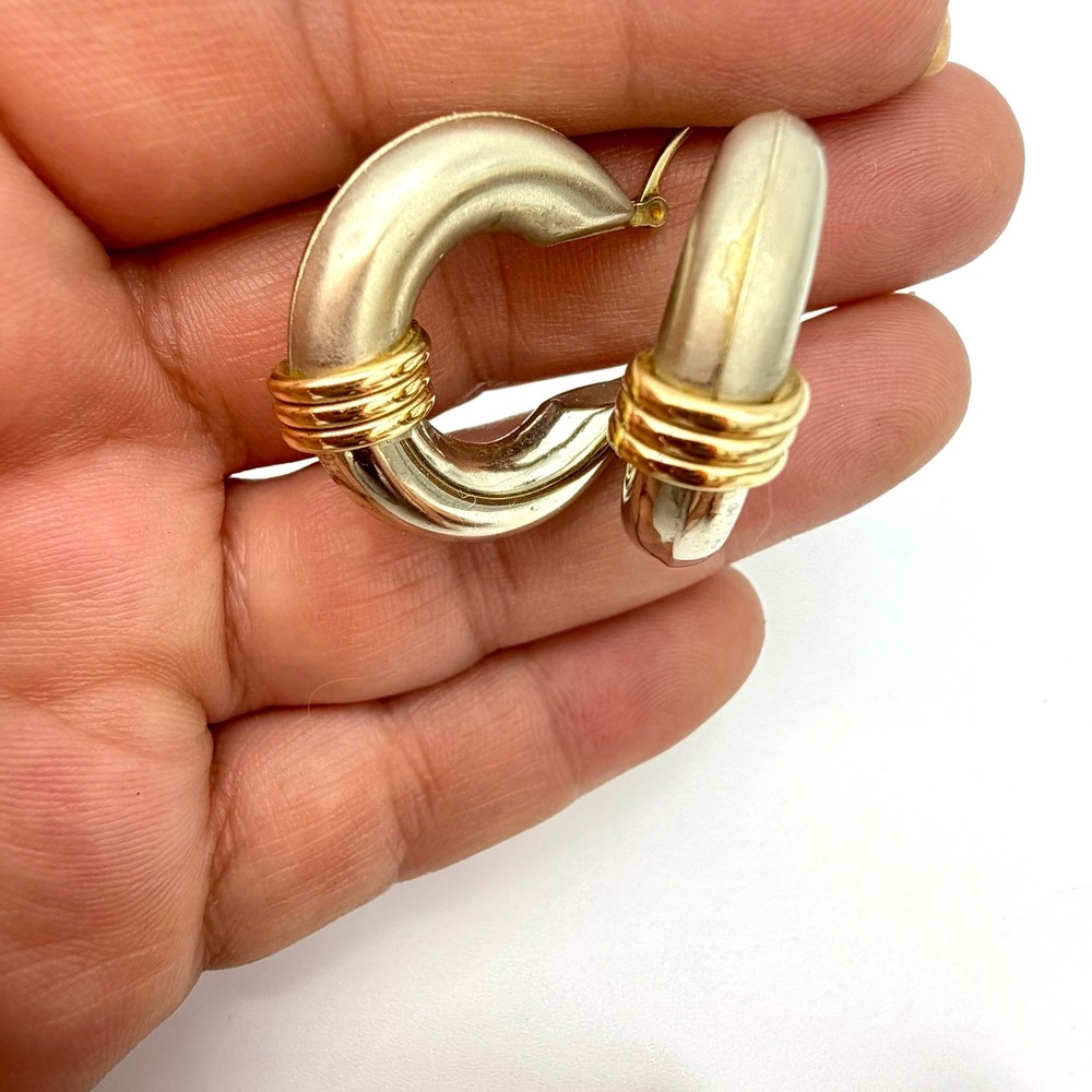 Womens Hoop Earrings 1.15" 14K Two-Tone Gold Chunky Tube White/Yellow Ribbed - Picture 8 of 16